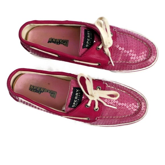 Sperry Boat Shoes Hot Pink Clear Sequin Biscayne Top Sider Flats 7.5 - Picture 2 of 8